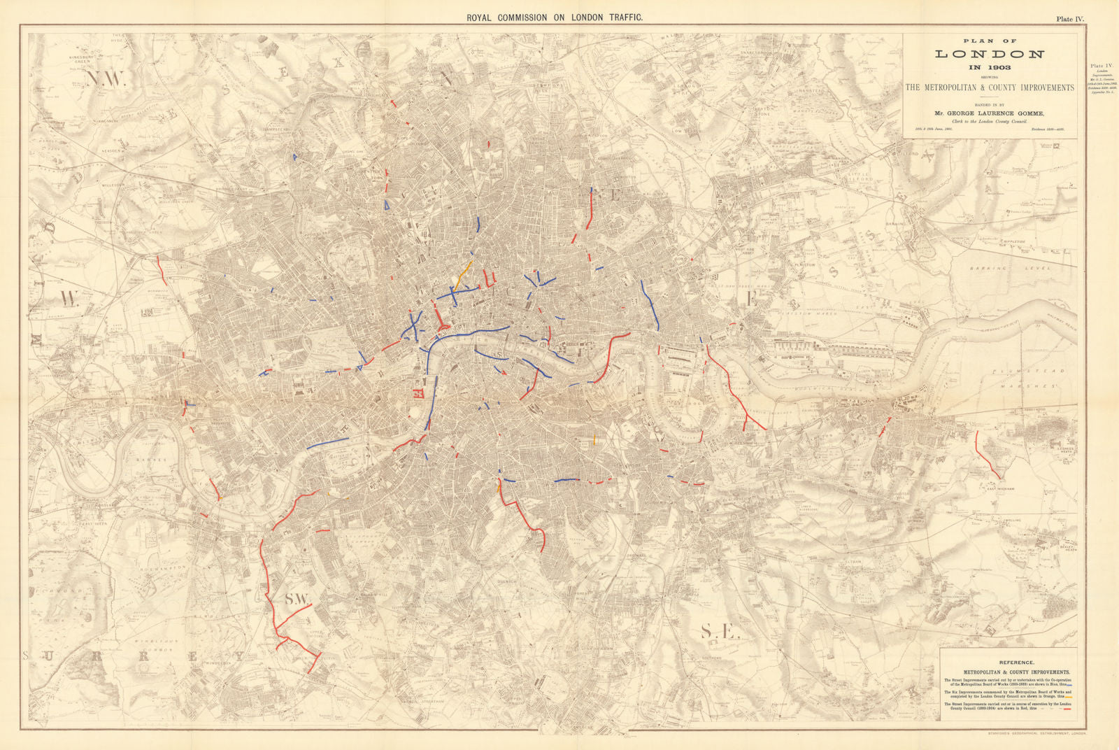 Plan of London in 1903 showing 1855-1904 street/road improvements 1906 old map